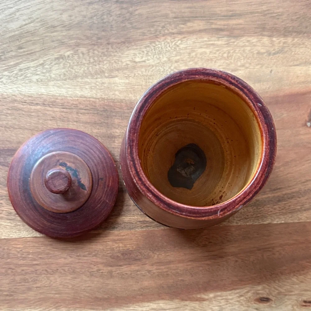 Carved Wooden Lidded Jar with Inlay Detail - Rich Mahogany Tone